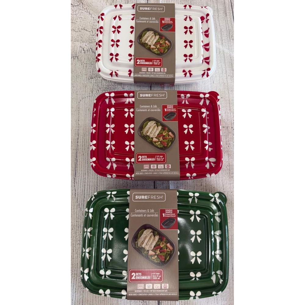 SureFresh Christmas Bow Food Storage Containers 6pk 4.4 Cup Red Green White NEW